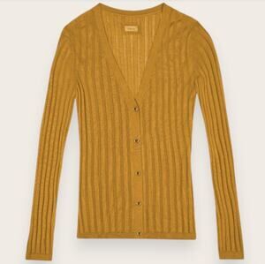 Aman Ribbed Cashmere Silk Cardigan XS Yellow Ochre Sweater Luxury Old Money